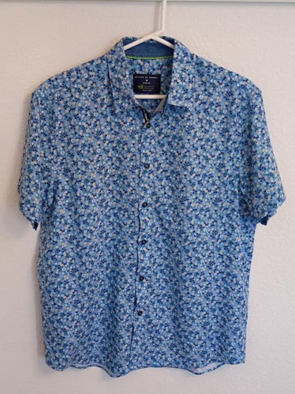 SOCIETY OF THREADS INTELLI FRESH MEN'S SHIRT SHORT SLEEVE BLUE FLORAL SLIM FIT M